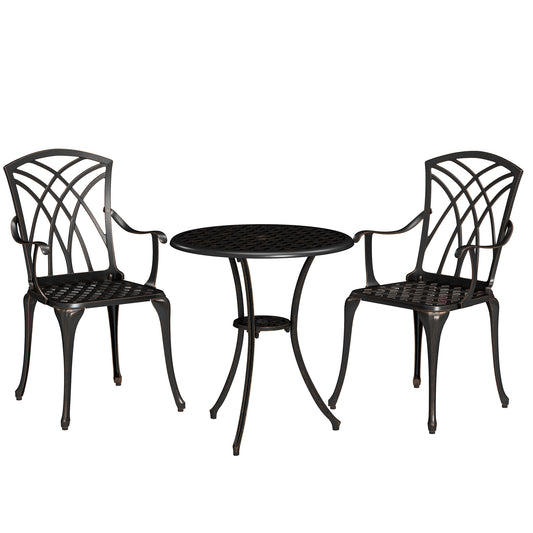 Outsunny 3 Pieces Garden Dining Set for 2, Cast Aluminium Outdoor Dining Set with 2 Armchairs and Round Dining Table with Parasol Hole, Garden Furniture Set, Bronze Tone