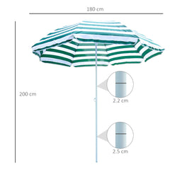 Outsunny 1.8m Beach Parasol Umbrella with Tilt Canopy, Lightweight Patio Garden Sunshade with 8 Ribs, Green & White Stripe