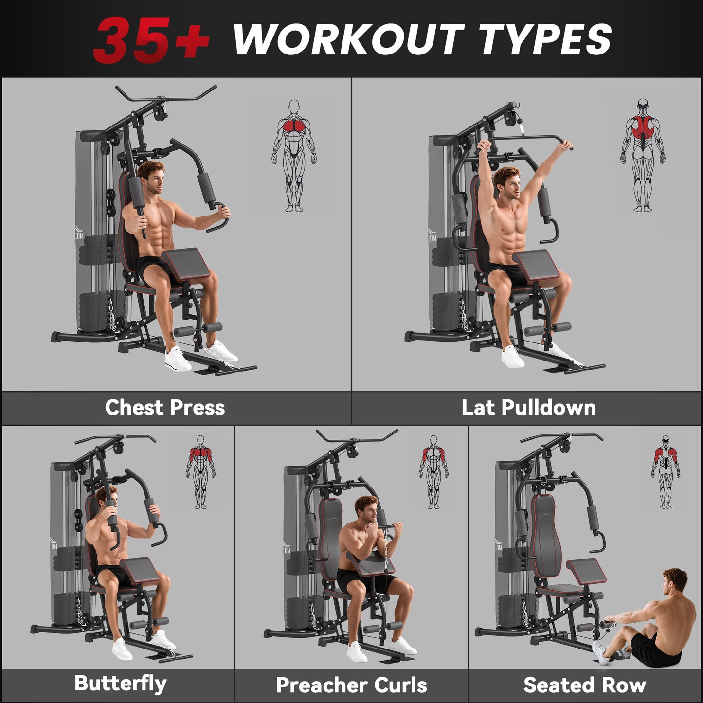 HOMCOM Multifunctional Home Gym Equipment Workout Station, Chest Station, Butterfly Press & Leg Developer, 45kg Weight Stack Multi Gym Machine Fitness Equipment for Full Body Fitness