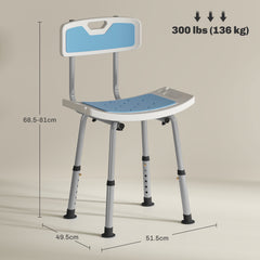 HOMCOM Shower Stool with Backrest, Height Adjustable Shower Chair with Anti-slip Foot Pads, Shower Head Holder, Light Blue