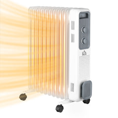 HOMCOM 2500W Oil Filled Radiator, 11 Fin, Portable Electric Heater with 3 Heat Settings, Safety Cut-Off and Wheels, White