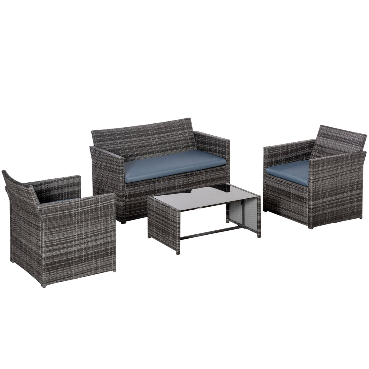 Outsunny 4 Pieces PE Rattan Garden Sofa Set with Cushions, Outdoor Patio Wicker Weave Conservatory Furniture Set with a Loveseat, 2 Armchairs and a Glass Top Coffee Table, Grey