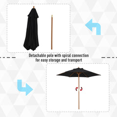 Outsunny Wooden Garden Umbrella Sun Shade with Top Vents, Bamboo Ribs and Sturdy Wood Pole, Black