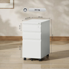 Vinsetto 3-Drawer Steel Filing Cabinet with Lock and Wheels - White