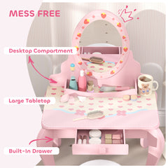 AIYAPLAY Kids Dressing Table Set, Vanity Table with Stool, Mirror, Drawer, Desktop Storage, Strawberry Theme, Pink