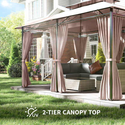 Outsunny 4m x 3(m)Garden Gazebo, Double Roof Outdoor Gazebo Canopy Shelter with Curtains, Solid Steel Frame for Patio, Garden, Brown