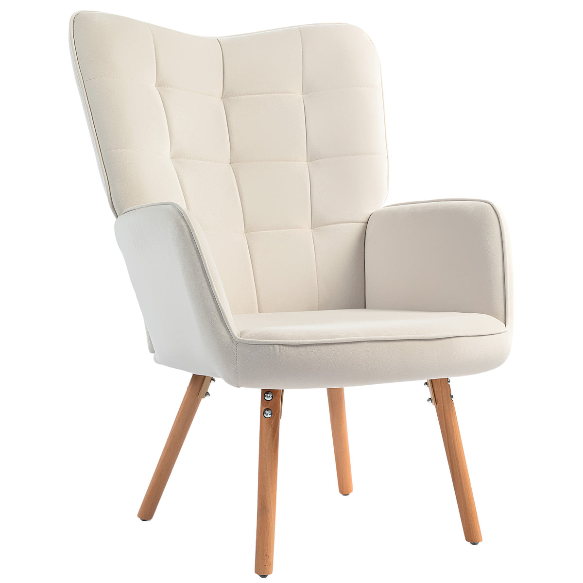 HOMCOM Modern Accent Chair, Upholstered Tufted Wingback Armchair with Seat Padding, Leisure Lounge Bedroom Chair with Wood Legs, Cream White