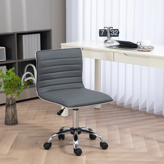 HOMCOM Armless Task Desk Chair, Swivel Office Chair with Faux Leather, Adjustable Seat Height, Chrome Base, Wheels for Home, Dark Grey