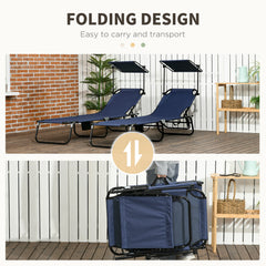 Outsunny Set of Two Folding Sun Loungers, with Adjustable Backs and Sun Canopies - Dark Blue