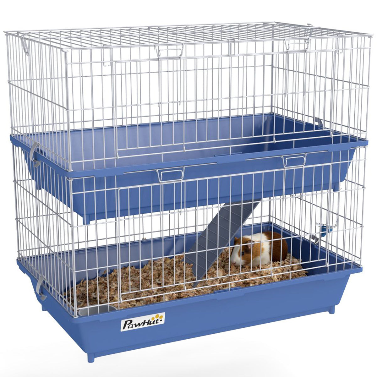 PawHut Double Tier Small Animal Cage Rabbit Chinchillas Cage w/ Ramp Food Dish Water Bottle Deep Trays Pet Home 72 x 44 x 67 cm