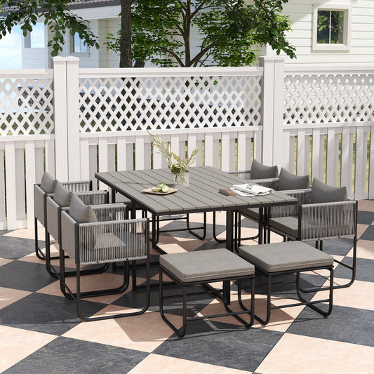 Outsunny 10 Seater Rattan Cube Garden Furniture Set, Rattan Dining Set with Cushions, Outdoor Dining Table and Chairs with 6 Armchairs, 4 Stools, Rectangular Wood Grain Plastic Top Table, Grey