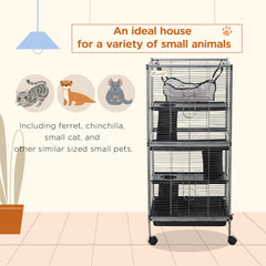 PawHut Small Animal Cage with Wheels Pet Home for Chinchillas Ferrets Kittens, with Hammock, 4 Platforms, Removable Tray, Silver