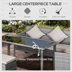 Outsunny 6-Seater Rattan Dining Set Sofa Table Footstool Outdoor w/ Cushion Garden Furniture