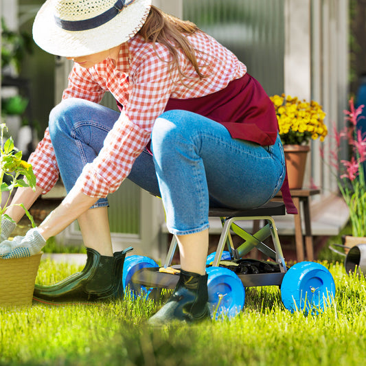 Outsunny Garden Cart with Wheels, Garden Stool Trolley with Tool Tray, Rolling Garden Seat for Weeding, Planting, Blue