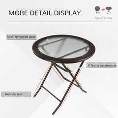 Outsunny Folding Rattan Garden Dining Table, 68 cm Round Rattan Garden Table with Water Ripple Tempered Glass Top, Wicker Edging and Steel Frame for Outdoor, Patio, Brown