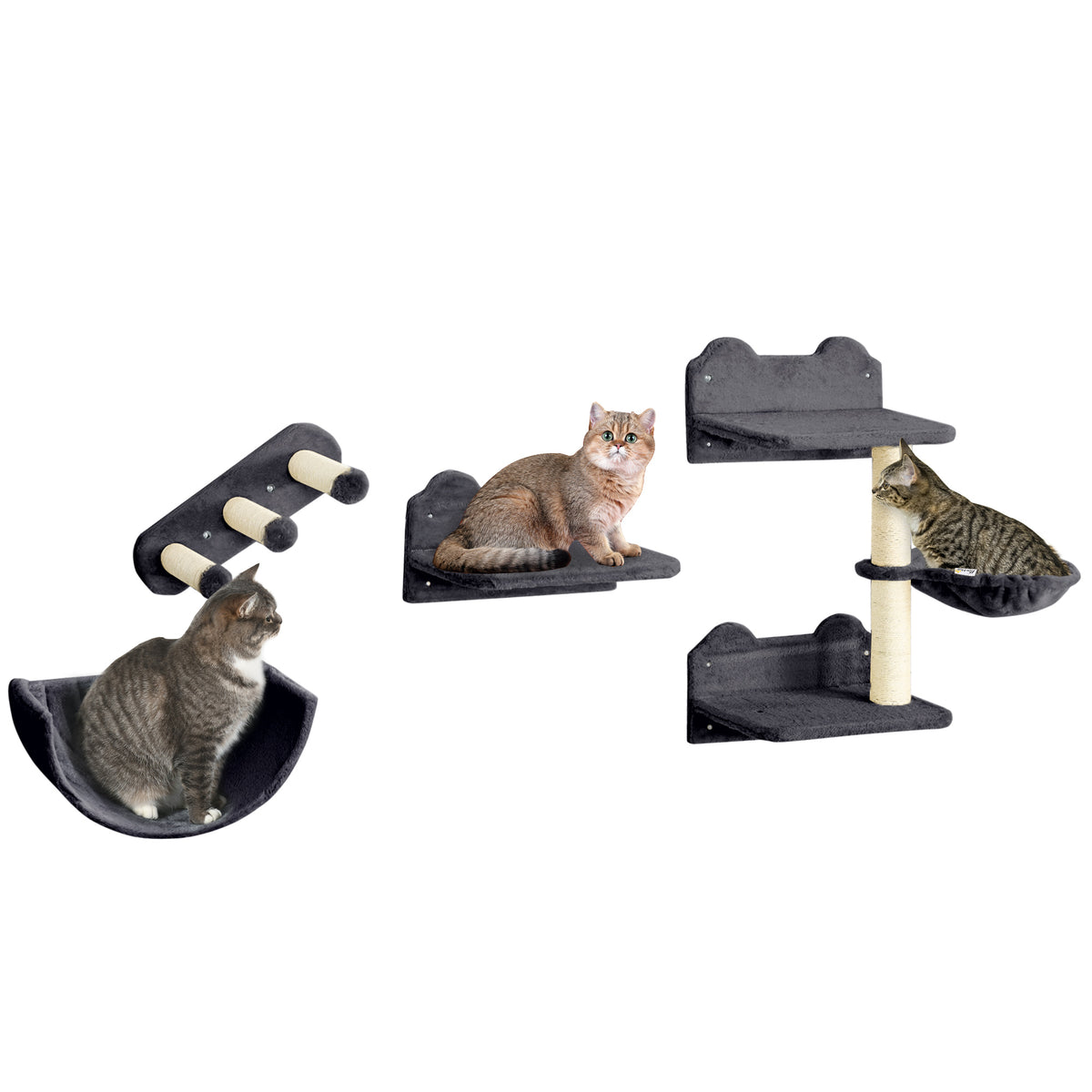 PawHut 4PCs Wall-Mounted Cat Shelves w/ Scratching Post, Hammock, Nest - Dark Grey