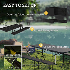 Outsunny Folding Picnic Table and Bench Set, Rattan Effect Portable Camping Table and Chairs with Carrying Handles for Indoor Outdoor, Dining, Camping, Picnic, BBQ, Party, Black