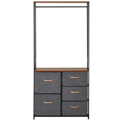 HOMCOM Chest of Drawers with Coat rack Steel Frame 5 Drawers Bedroom Hallway Home Furniture Black Brown