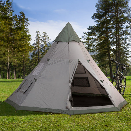 Outsunny 6 Men Tipi Tent with Carry Bag - Grey