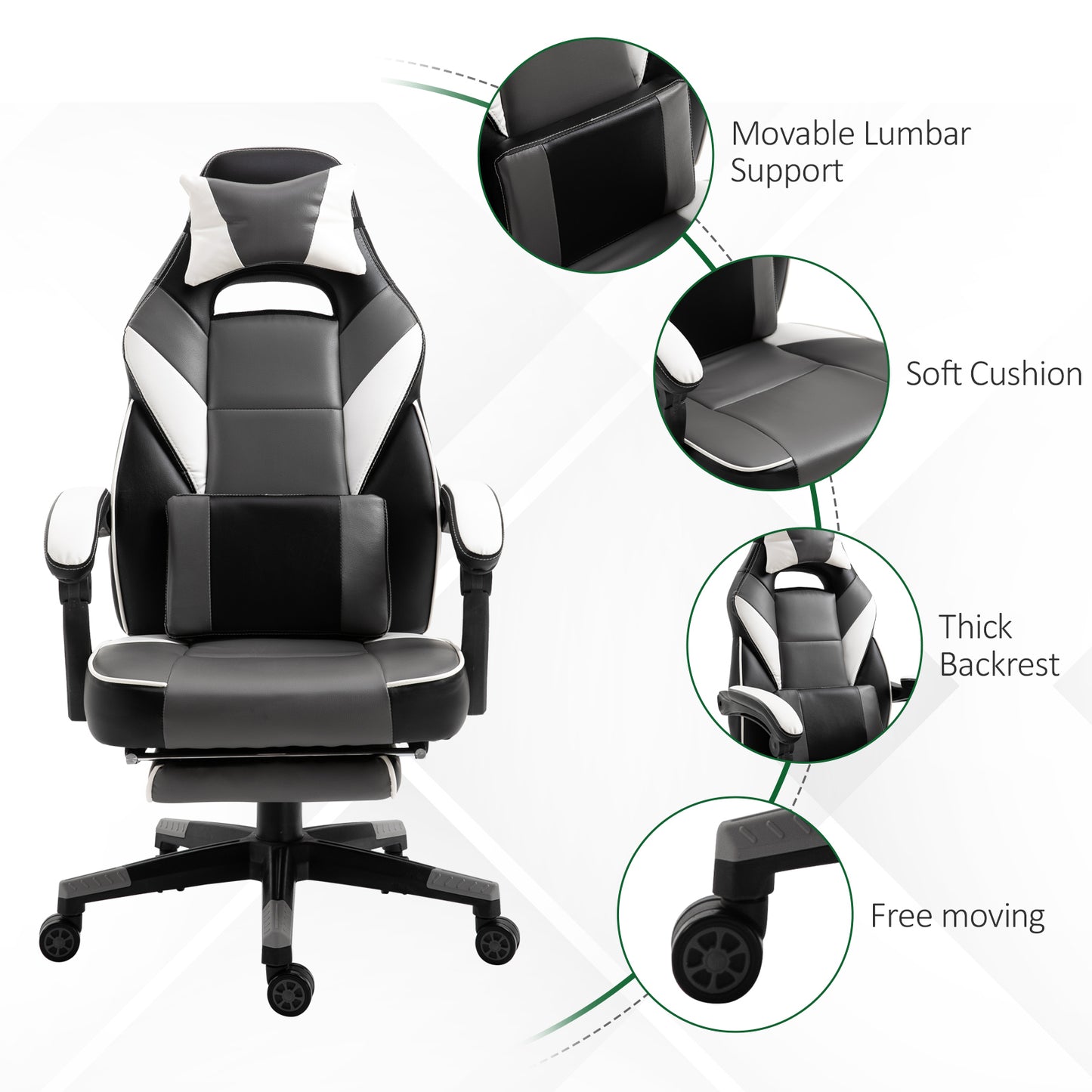 Vinsetto Gaming Chair Ergonomic Recliner w/ Thick Padding Footrest Headrest Lumbar Pillow 5 Wheels Racing Swivel Height Adjustable Home Office Chair Grey