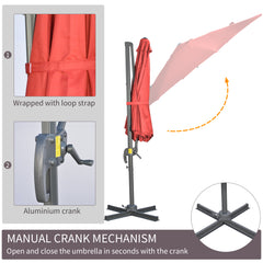 مظلة خارجية من Outsunny مقاس 3 × 3(م) مع مقبض ذراع بقاعدة متقاطعة - أحمر نبيذي