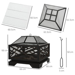 Outsunny Metal Firepit Outdoor 2 in 1 Square Fire Pit Brazier w/ Grill Shelf, Lid, Poker for Backyard, Camping, BBQ, Bonfire, Wood Burning Stove, 66 x 66 x 66cm, Black