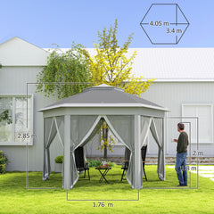 Outsunny 3 x 4m Garden Gazebo Hexagon Pop Up Party Tent Canopy Double Roof Instant Shelter with Netting and Carry Bag for Outdoor Patio, Dark Grey