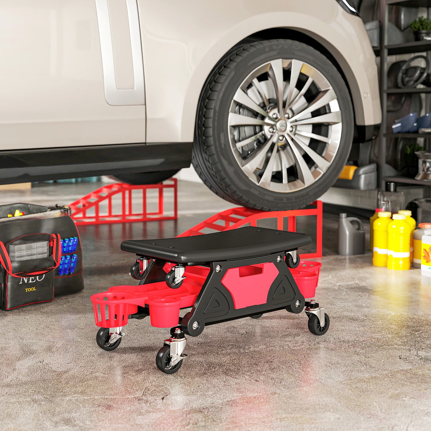HOMCOM Rolling Mechanic Stool, 135kg Capacity Workshop Stool with 360√Ç¬∞ Swivel Wheels, Roller Creeper Seat with Slide Out Tool Trays, Drawer, Bottle Holders for Garage, Shop, Auto Repair, Red