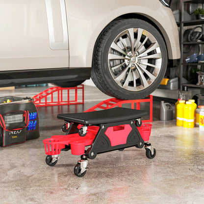 HOMCOM Rolling Mechanic Stool, 135kg Capacity Workshop Stool with 360√Ç¬∞ Swivel Wheels, Roller Creeper Seat with Slide Out Tool Trays, Drawer, Bottle Holders for Garage, Shop, Auto Repair, Red