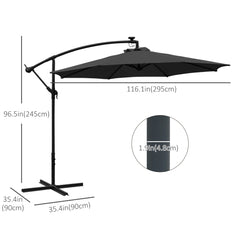 Outsunny 3m LED Patio Banana Umbrella Cantilever Parasol w/ Crank Cross Base Hanging Offset Umbrella Frame Steel Aluminium Garden Table Outdoor Black