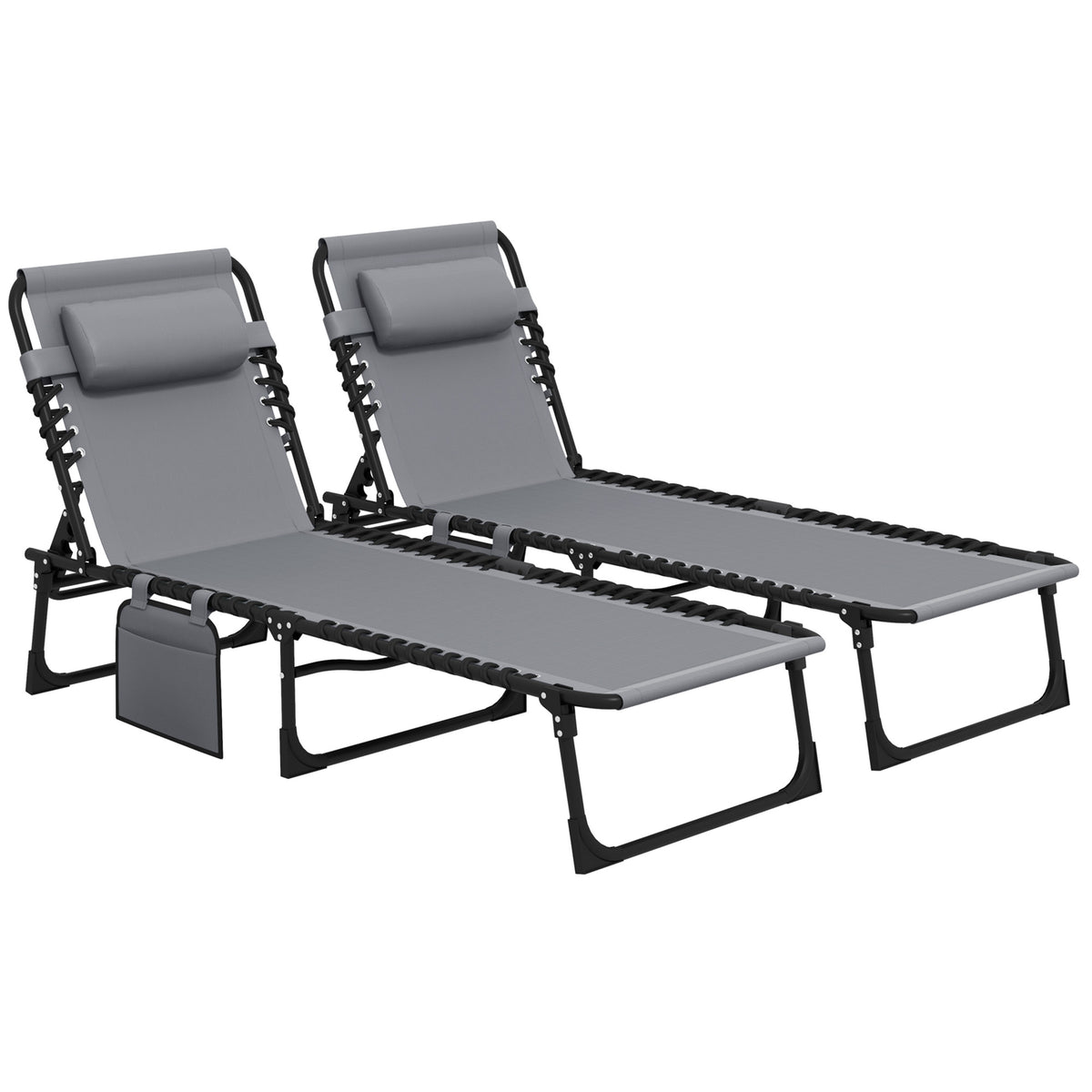 Outsunny Portable Sun Lounger Set of 2, Folding Camping Bed Cot, Reclining Lounge Chair 5-position Adjustable Backrest with Side Pocket, Pillow for Patio Garden Beach Pool, Grey