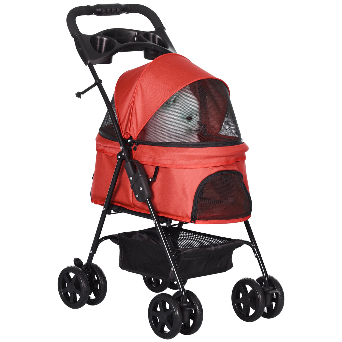 عربة أطفال قابلة للطي من PawHut Dog Pram للكلاب الصغيرة مع 4 عجلات ومقود أمان وحامل أكواب للكلاب الصغيرة، باللون الأحمر