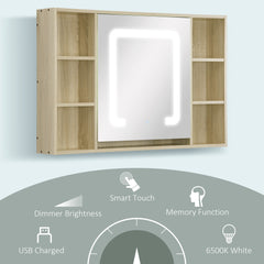 kleankin LED Bathroom Mirror Cabinet, Wall Mounted Dimmable Brightness Medicine Cabinet with Adjustable Shelf and Mirrored Door, Memory Function, USB Charge, Natural