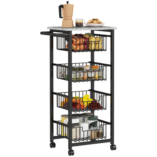 HOMCOM Four Basket Mobile Kitchen Island, with Brakes - Grey/Black