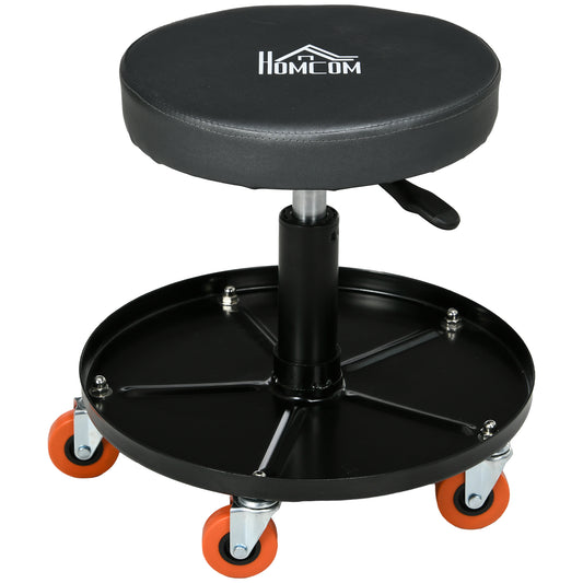 HOMCOM Workshop Stool, Pneumatic Adjustable Mechanic Stool, with Tool Tray, Wheels - Black