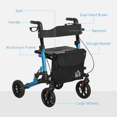 HOMCOM Folding Rollator Walker with Seat, Backrest, Lightweight Walking Frame with Storage Bag, Dual Brakes, Adjustable Handle Height, Suspension System, 4 Wheeled Walker for Seniors, Blue