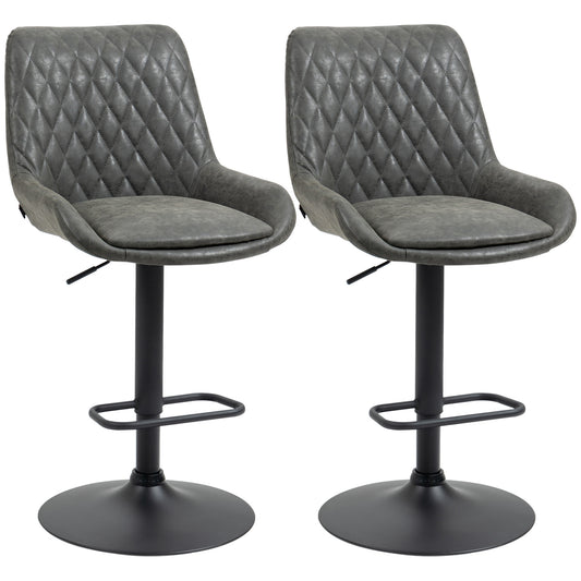 HOMCOM Grey Bar Stools Set of 2, Upholstered Retro Bar and Kitchen Chairs with Back, Swivel Seat, PU Leather