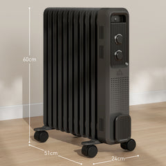 HOMCOM 2500W Oil Filled Radiator, 11 Fin, Portable Electric Heater with 3 Heat Settings, Safety Cut-Off and Wheels, Grey