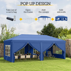 Outsunny 3 x 6 m Garden Pop Up Gazebo, Wedding Party Tent Marquee, Water Resistant Awning Canopy with Sidewalls, Windows, Carry Bag, Blue