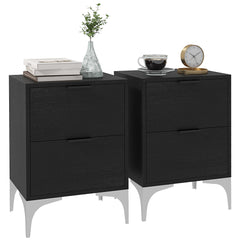 HOMCOM Set of Two Wood Effect Bedside Tables with Silver Tone Steel Base, Black