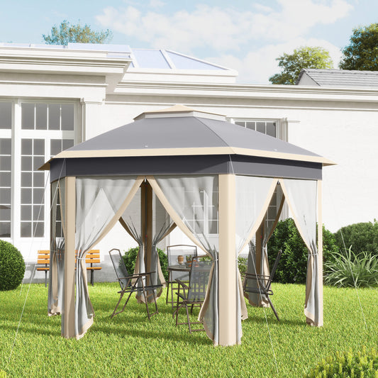 Outsunny Hexagon Pop Up Gazebo Outdoor Patio Gazebo Double Roof Instant Shelter with Netting, 3 x 4m, Khaki