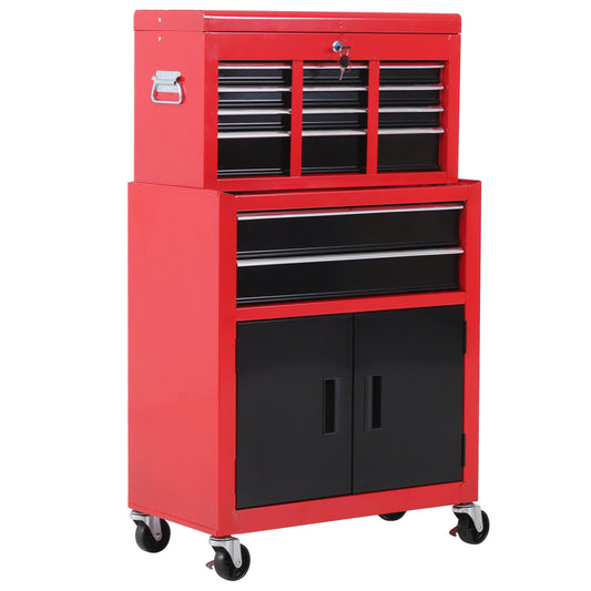 HOMCOM Tool Chest, Metal Tool Cabinet on Wheels with 6 Drawers, Pegboard, Top Chest and Roller Cabinet Combo, 61.6 x 33 x 108cm, Red and Black