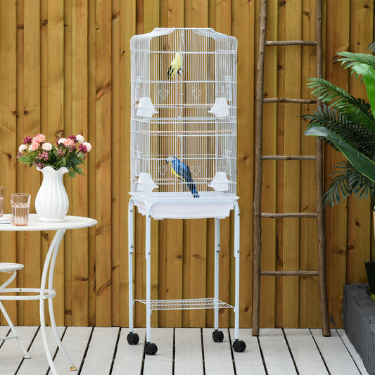 PawHut Bird Cage Budgie Cages for Finch Canary Parakeet with Stand Wheels Slide-out Tray Accessories Storage Shelf, White 46.5 x 36 x 157 cm