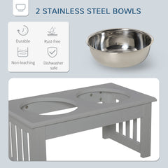 PawHut Raised Dog Feeding Bowls with Stand, Stainless Steel for Extra Small and Small Dog, 44L x 24W x 15H cm - Grey