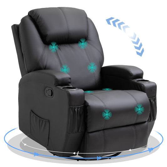 HOMCOM Recliner Chair, Recliner Massage Rocker Chair with 360√Ç¬∞ Rotate, 165√Ç¬∞ Reclining Function, Adjustable Footrest, Swivel Armchair Single Sofa for Living Room with Drink Holders, Side Pockets, Black