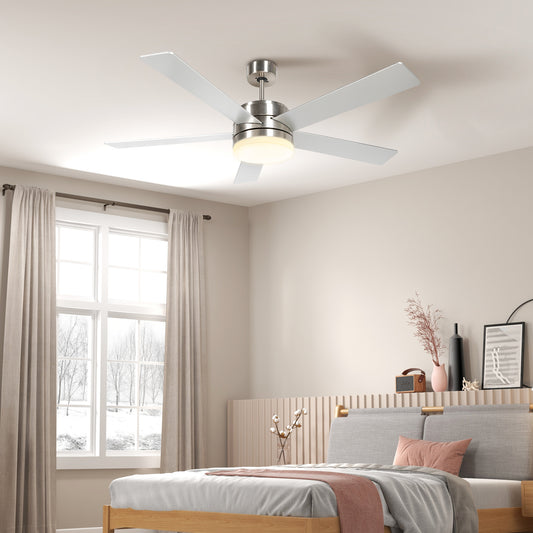 HOMCOM 52" Ceiling Fans with Light and Remote, 132CM LED Ceiling Fan with 5 Blades, 5-Speed, Timer, Quiet Reversible DC Motor, for Bedroom, Living Room, Silver and Beech Wood-effect