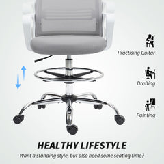 HOMCOM Draughtsman Chair, Mesh Drafting Chair, Ergonomic Office Chair with Lumbar Support, Adjustable Foot Ring, Grey