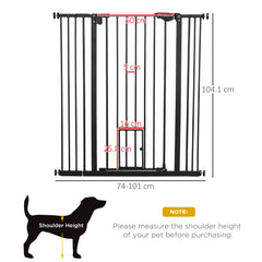 بوابة PawHut Extra Tall Pet Gate، بوابة أمان للكلاب في الأماكن المغلقة، مع فتحة للقطط، إغلاق تلقائي، عرض 74-101 سم - أسود