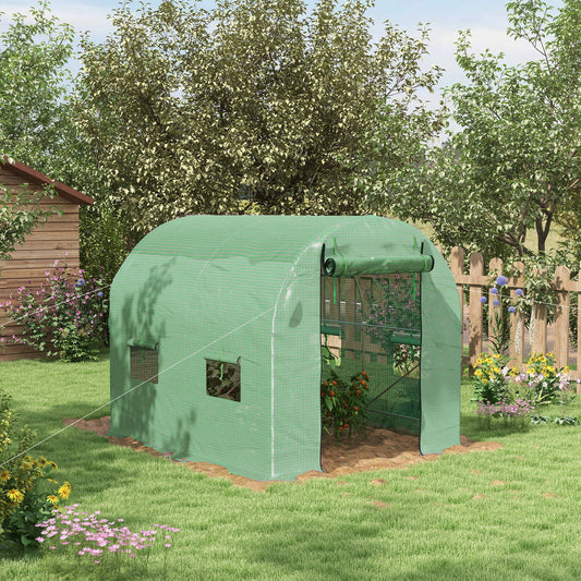 Outsunny Walk-In Garden Polytunnel Greenhouse with Steel Frame, PE Cover, Roll-Up Door and 4 Windows, 2.5 x 2m, Green