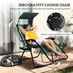 Outsunny Zero Gravity Lounger Chair Set of 2, Folding Reclining Patio Chair with Shade Cover, Padded Seat, Cup Holder, Soft Cushion and Headrest for Poolside, Camping, Green